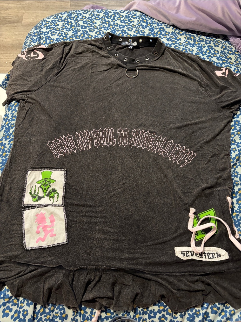 Dolls Kill Black  dress Tee with Pink & Neon Green Graphics